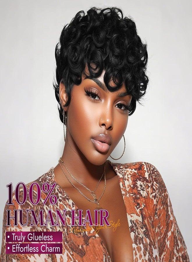 RUWISS Pixie Cut Wig Human Hair Curly Short Pixie Wigs for Black Women Glueless Human Hair Wig with Bangs for Daily Use Natural Short Bob Layered Wavy Human Hair Wigs for Black Women (Natural Black) - Image 2
